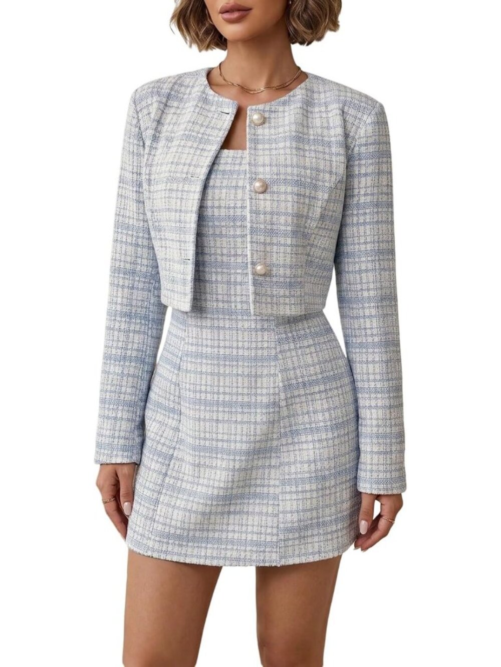 Chic Women's 2-Piece Plaid Long Sleeve Cropped Jacket & Dress Set Outfit